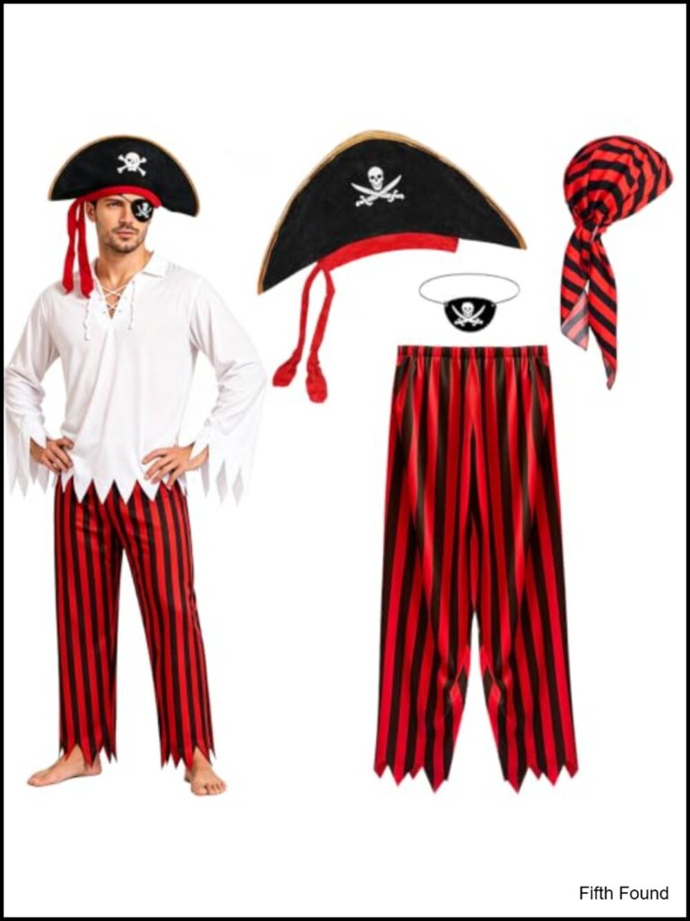 Men's Pirate Costume 4PCS Set Adult Halloween Outfit Tricorn Hat Bandana Eye